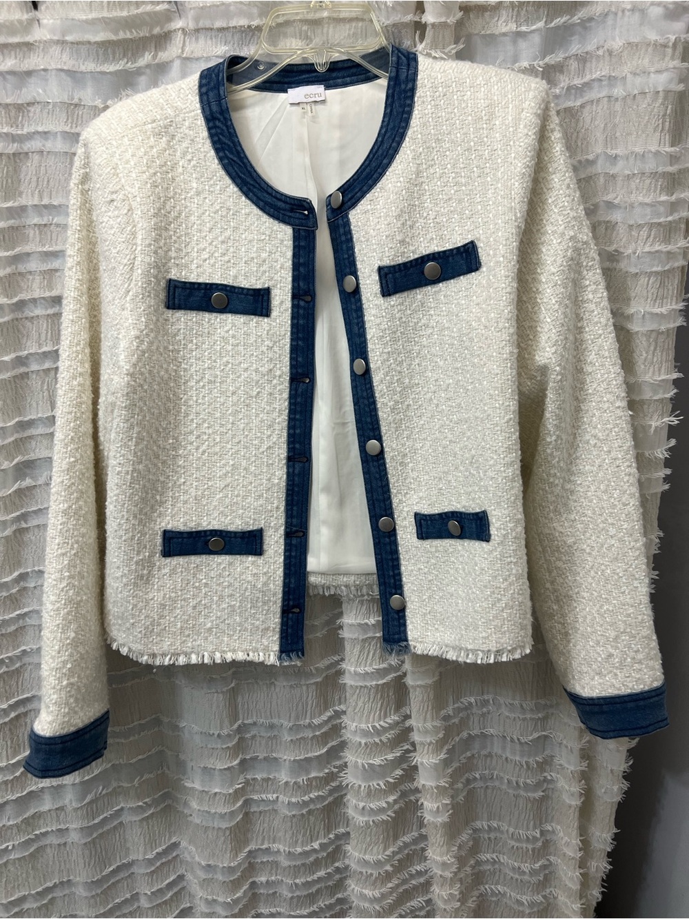 ecru Cream Tweed Jacket with Navy Trim Accents